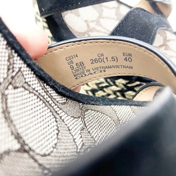 Coach 9.5 Women Black Suede Ankle Strap Block Heel Raffia Platform Talina Sandal - Picture 11 of 13